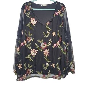 Indigo Thread Co Black Mesh Embroidered Floral Peasant Popover Blouse Boho 2X